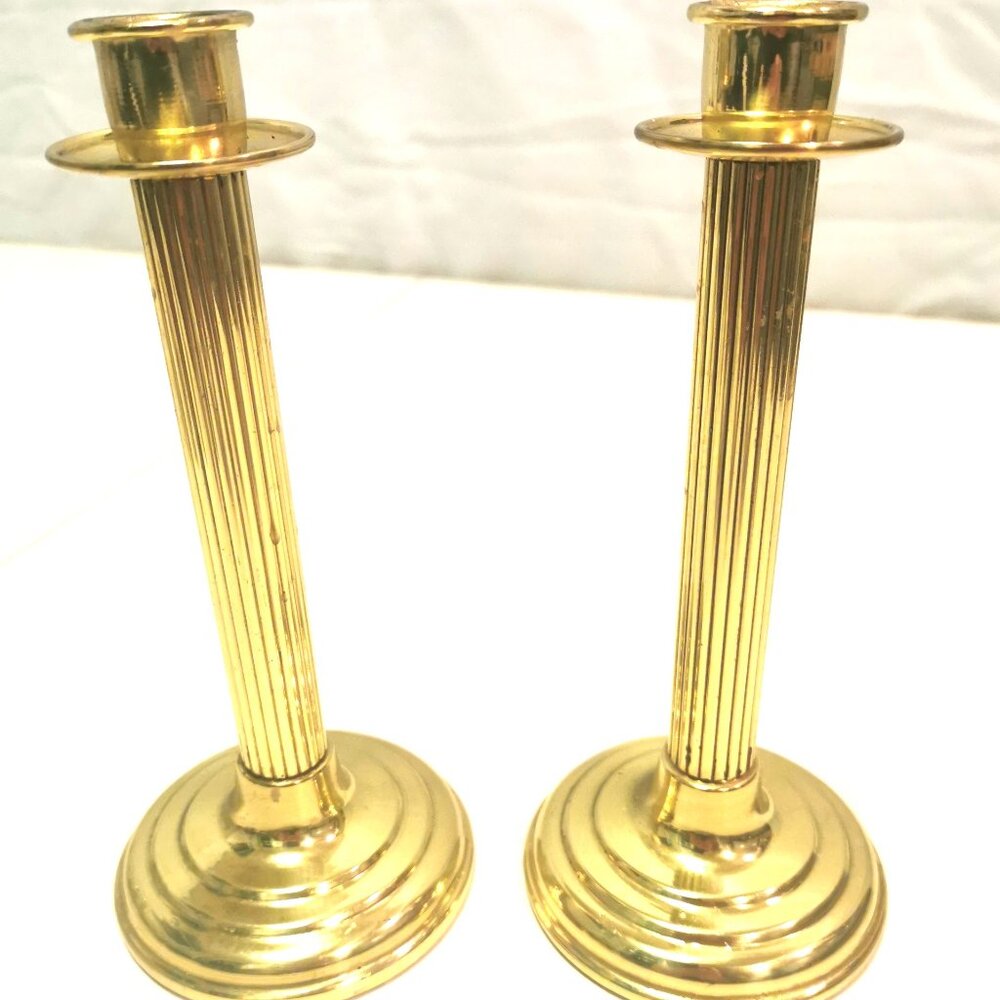 Vintage 8" Brass Fluted Column Candlestick Holders - Pair - Taiwan 1970s